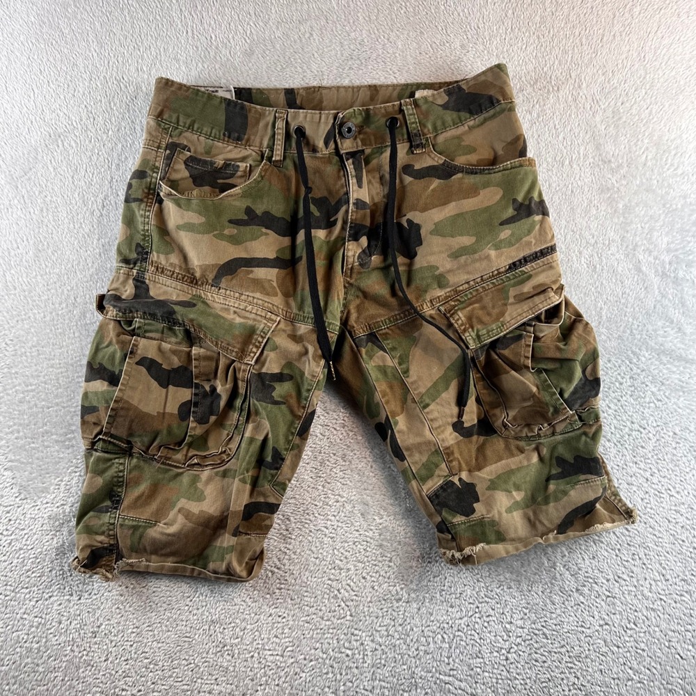 Smoke Rise Camo Cargo Shorts Mens 32 green brown Drawstring Frayed Hem